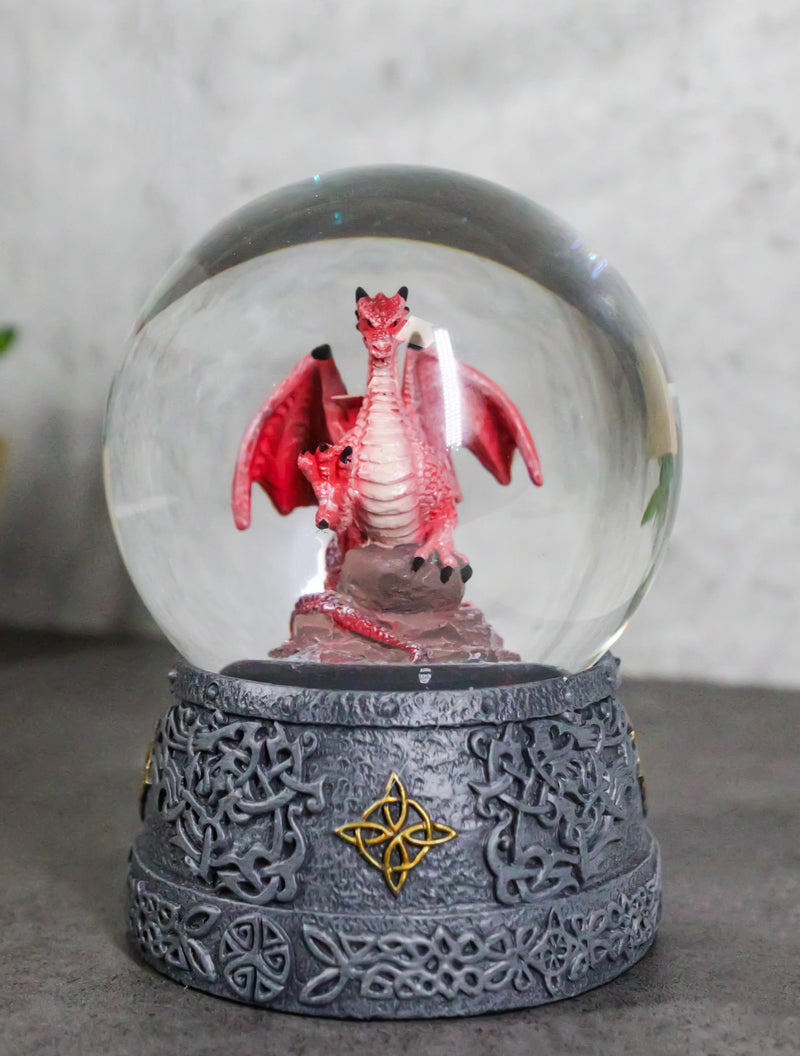 Fantasy Celtic Quadrilateral Knotwork Red Volcano Dragon Water Globe Figurine