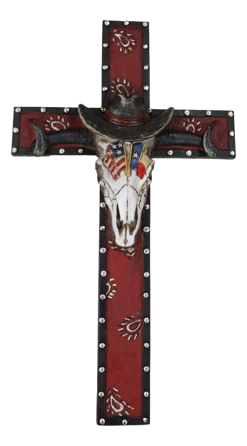 Rustic Western Patriotic Longhorn Cow Skull With USA Texas Flags Hat Wall Cross