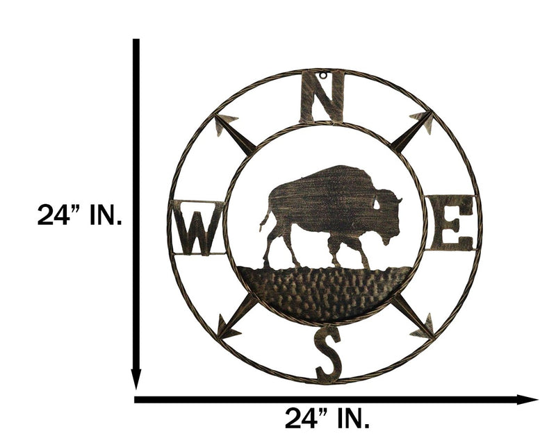 Bison Buffalo with N-S-E-W Compass Cardinal Directions Metal Wall Circle Sign