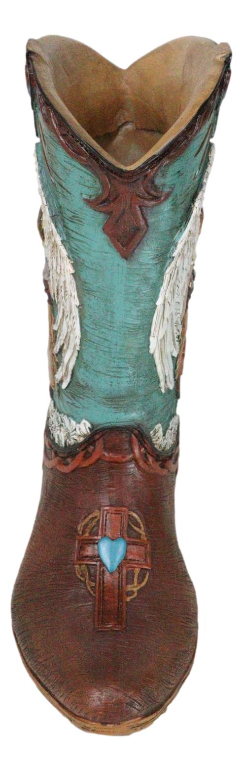 Western Turquoise Heart Cross Angel Winged Cowgirl Faux Leather Boot Vase Decor