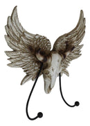 Rustic Western Cow Skull With Horns And Angel Wings Wall Double Hooks Sculpture