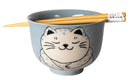 Blue Chubby Kitty Cat Sleeping Ceramic Donburi Ramen Bowl With Chopsticks Set