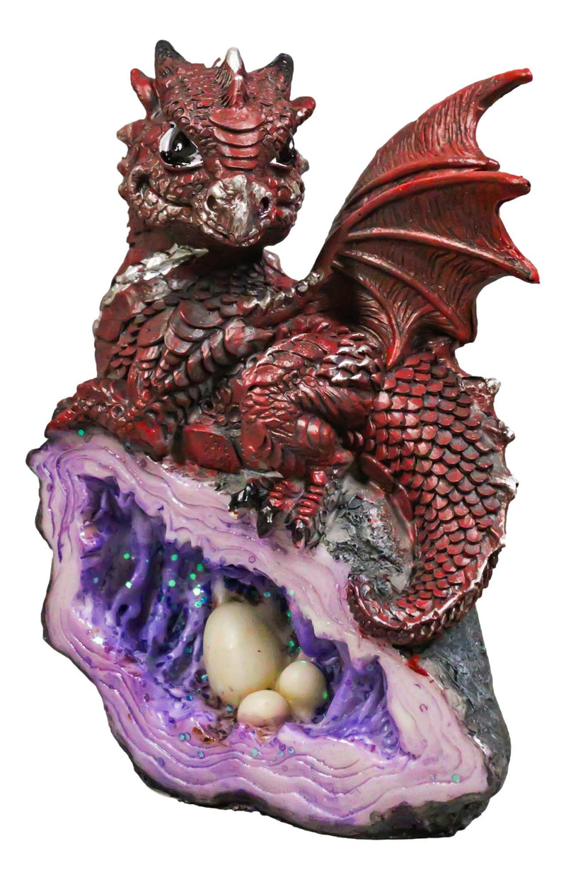 Adorable Quartzite Red Baby Dragon On Faux Geode Fossil Cove With Eggs Figurine