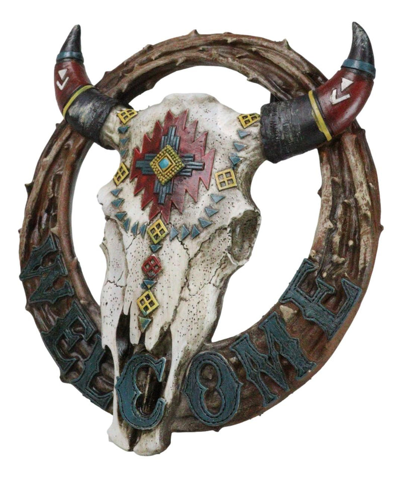 Native Indian Cow Skull with Colorful Navajo Vectors Welcome Wreath Wall Sign