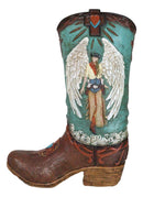 Western Turquoise Heart Cross Angel Winged Cowgirl Faux Leather Boot Vase Decor