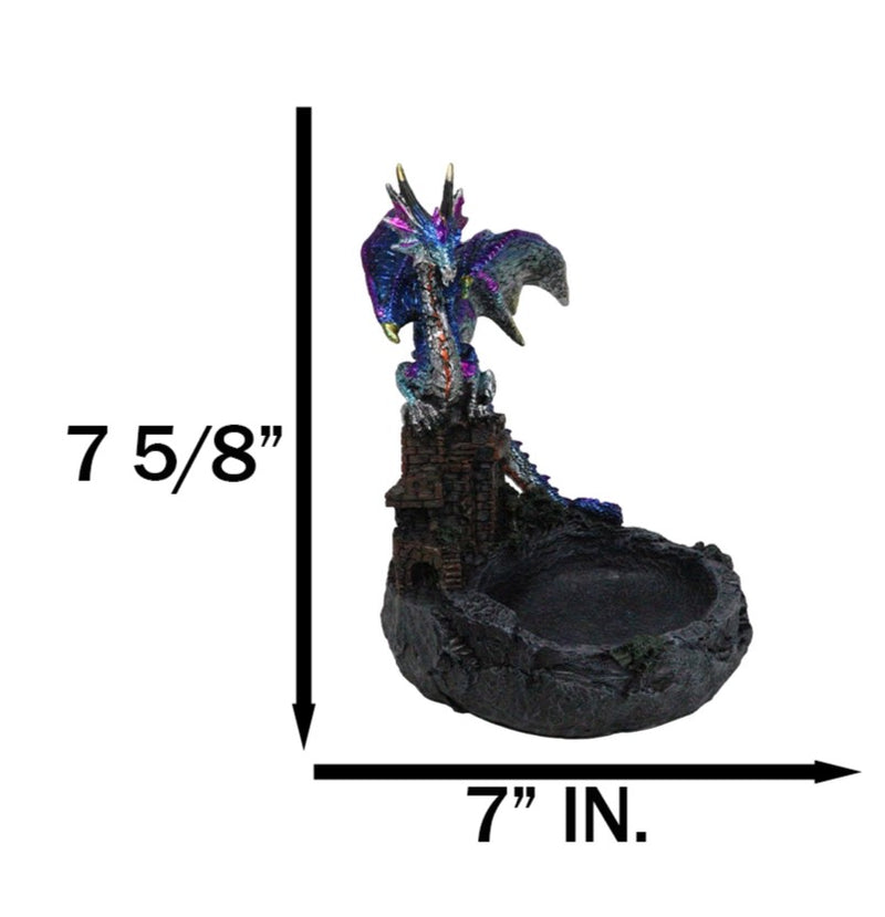 Purple Blue Dragon Perching On Stonewall Castle Ashtray Jewelry Dish Figurine