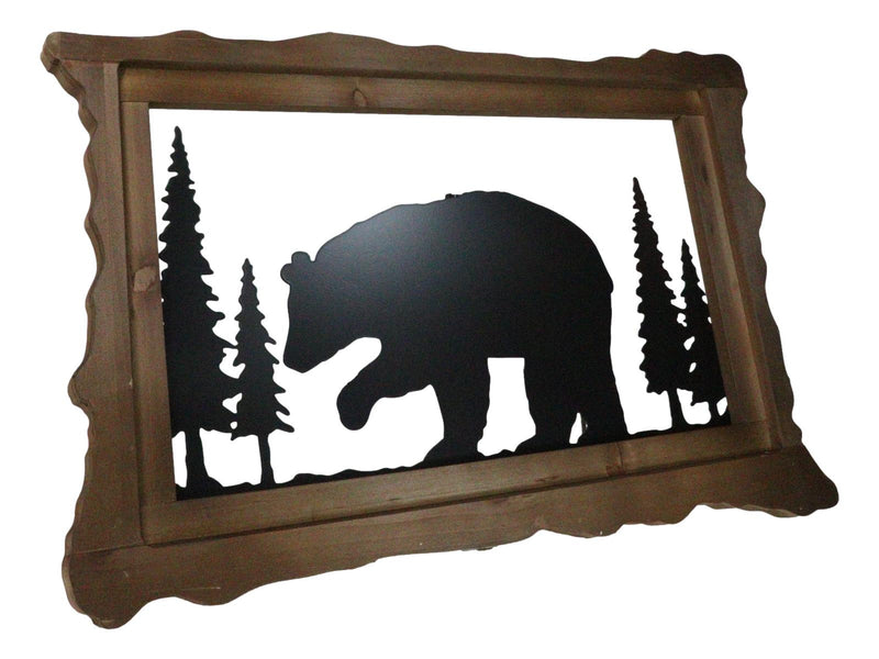 20"L Rustic Scenic Forest Black Bear Silhouette Metal And Wood Framed Wall Decor