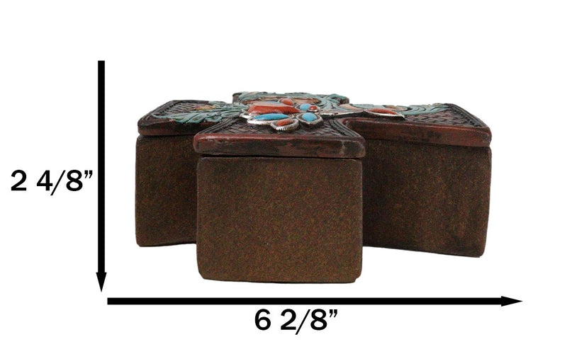 Rustic Western Turquoise Floral Scroll Faux Leather Cross Jewelry Trinket Box