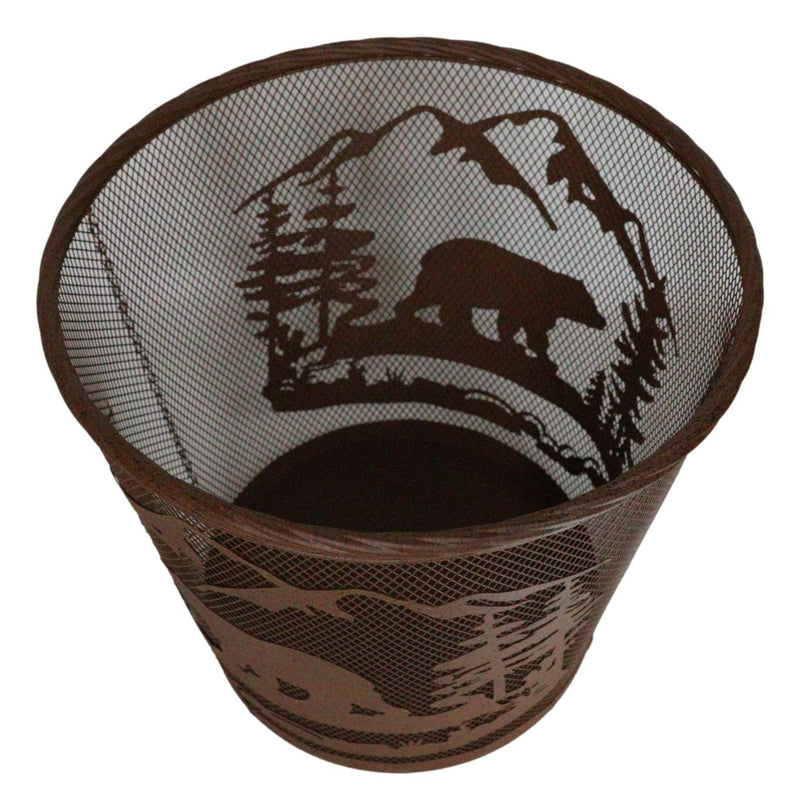 Rustic Black Bear By Pine Forest Mountains Metal Wire Waste Basket Trash Bin