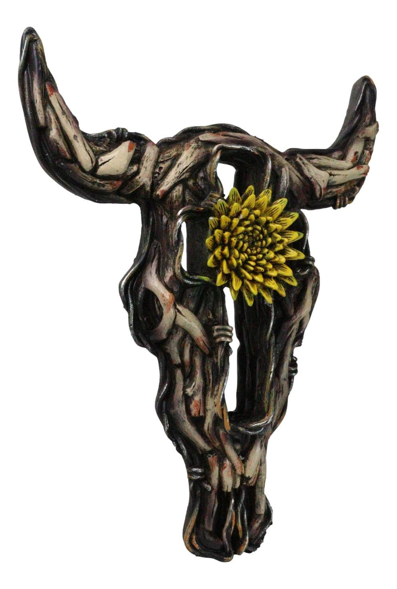 Rustic Buffalo Cow Skull With Yellow Flower And Cross Faux Wooden Wall Decor