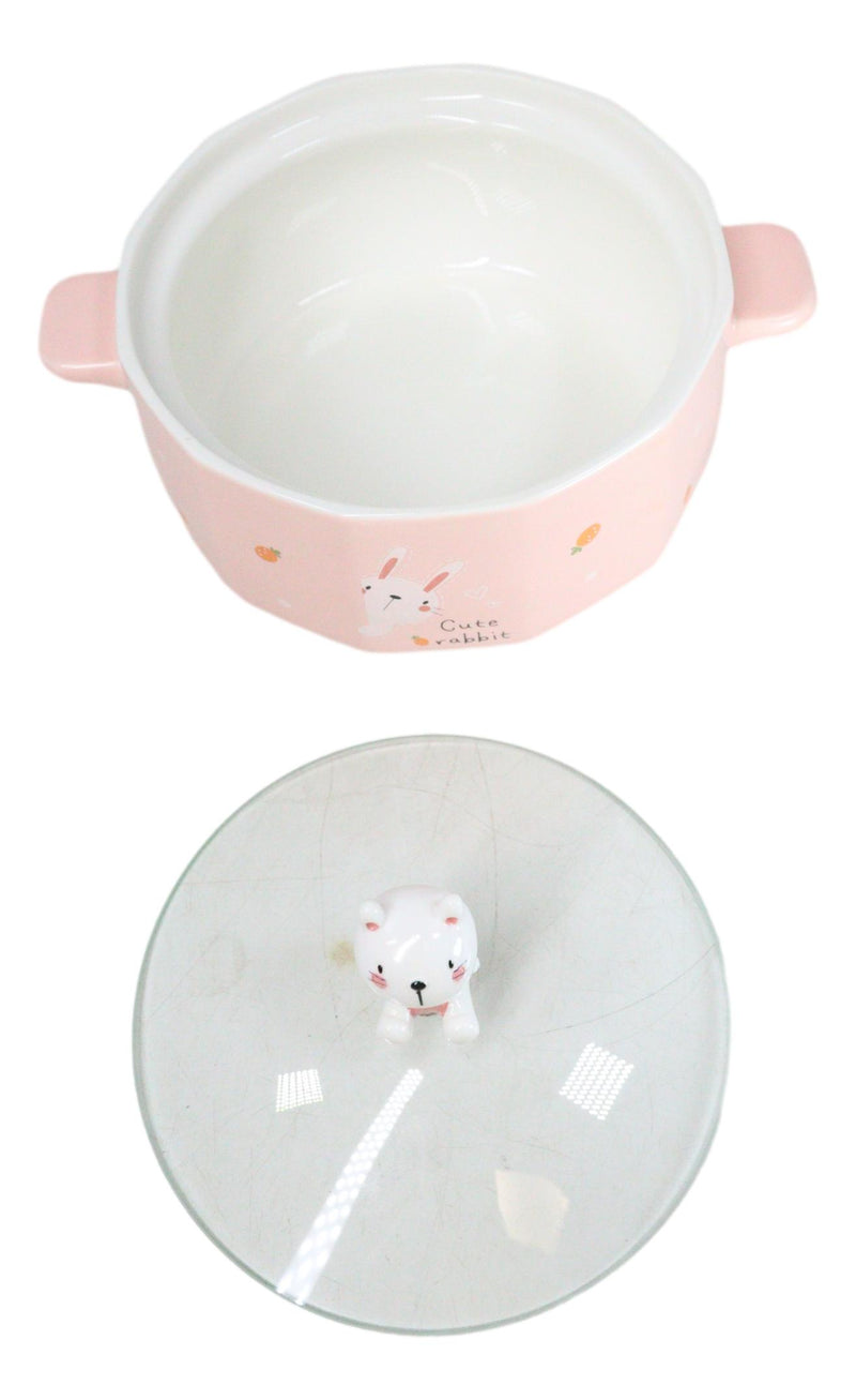 Ceramic Pink Rabbit With Carrots 30oz Noodle Dessert Food Bowl W/ Glass Lid