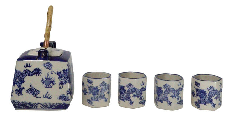 Heavenly Blue Oriental Ryu Dragon King Hexagonal Teapot With 4 Tea Cups Set