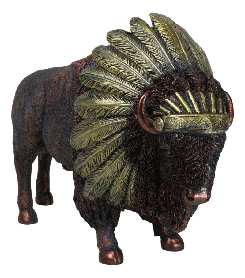 Bison Buffalo With Indian Chieftain Roach Headdress Decorative Figurine 12"L