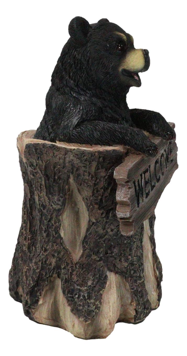 Whimsical Forest Black Bear On Tree Log Holding Welcome Plank Sign Figurine 7"H