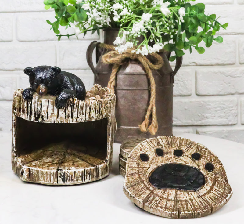 Western Rustic Forest Peeking Black Bear Tree Ring Paw Coasters And Holder Set