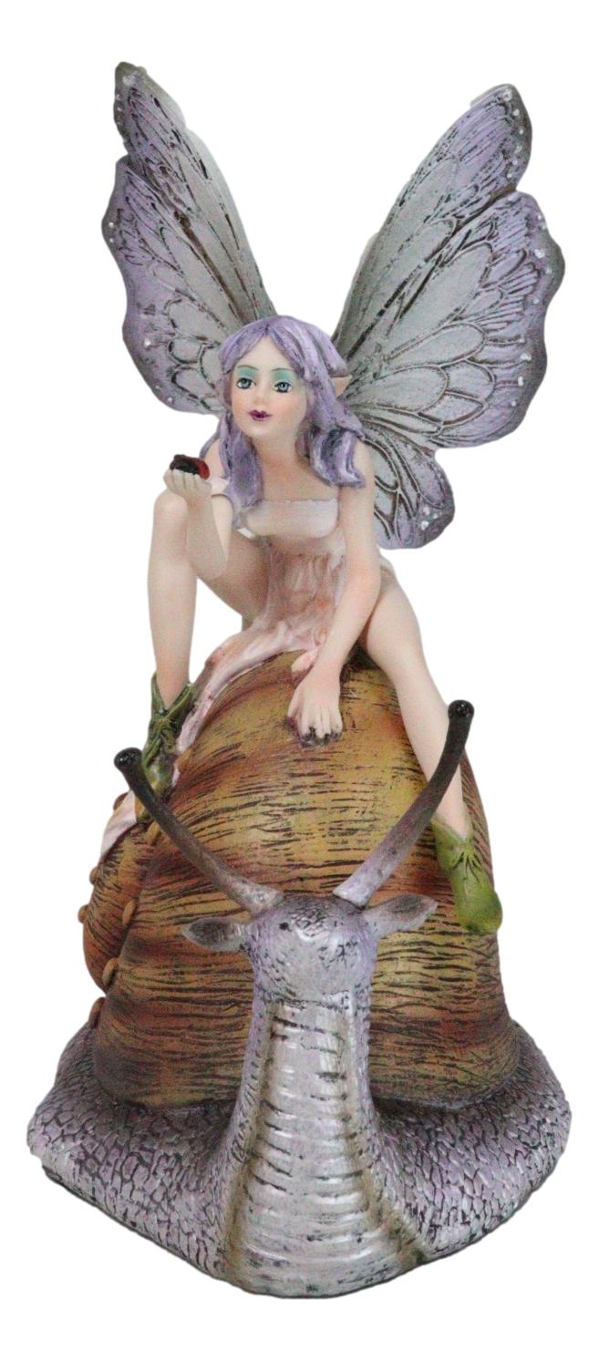 Fantasy Purple Elf Pixie Fairy Ladybug Sitting On Giant Snail Mollusk Figurine