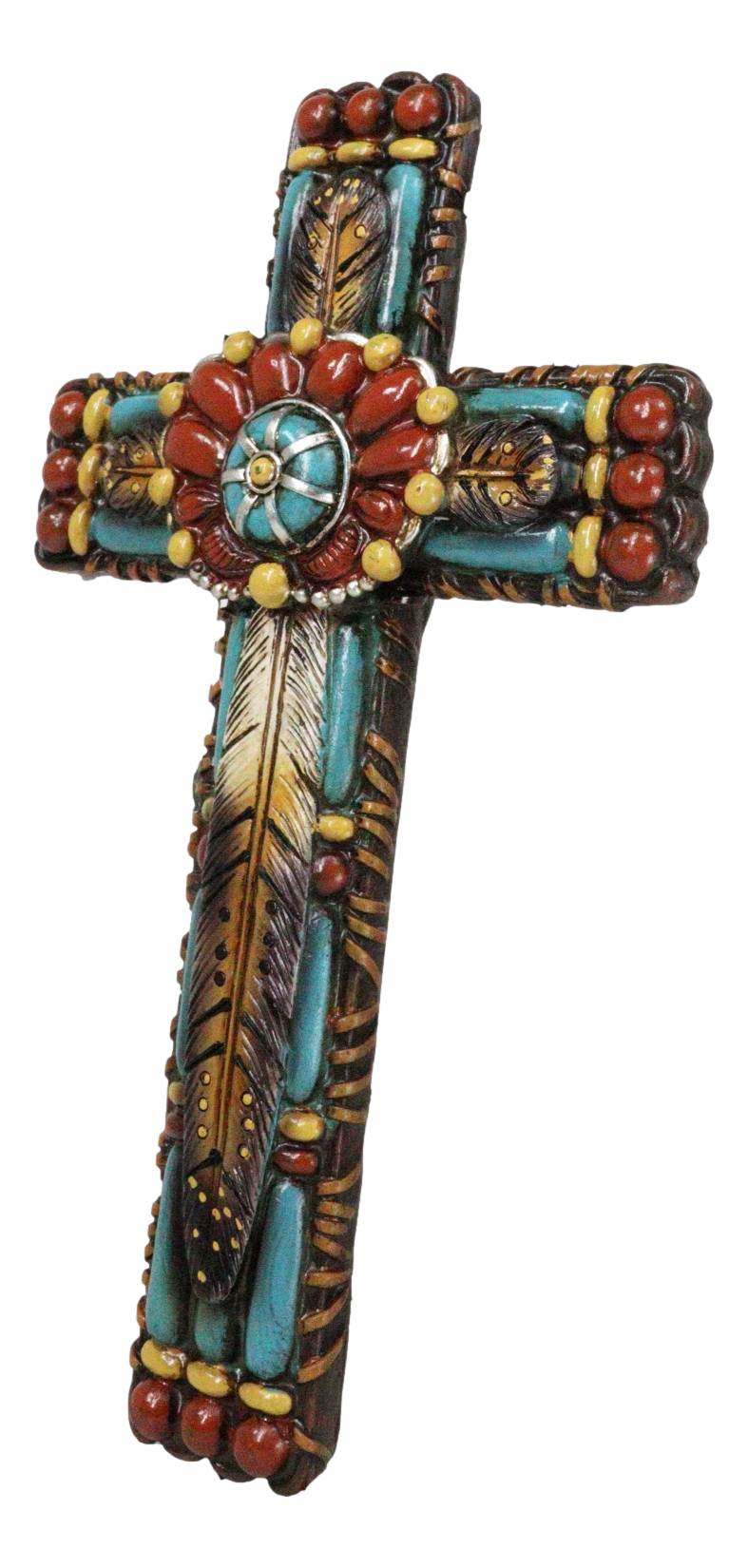 Rustic Southwestern Tribal Chic Feather With Colorful Floral Motifs Wall Cross