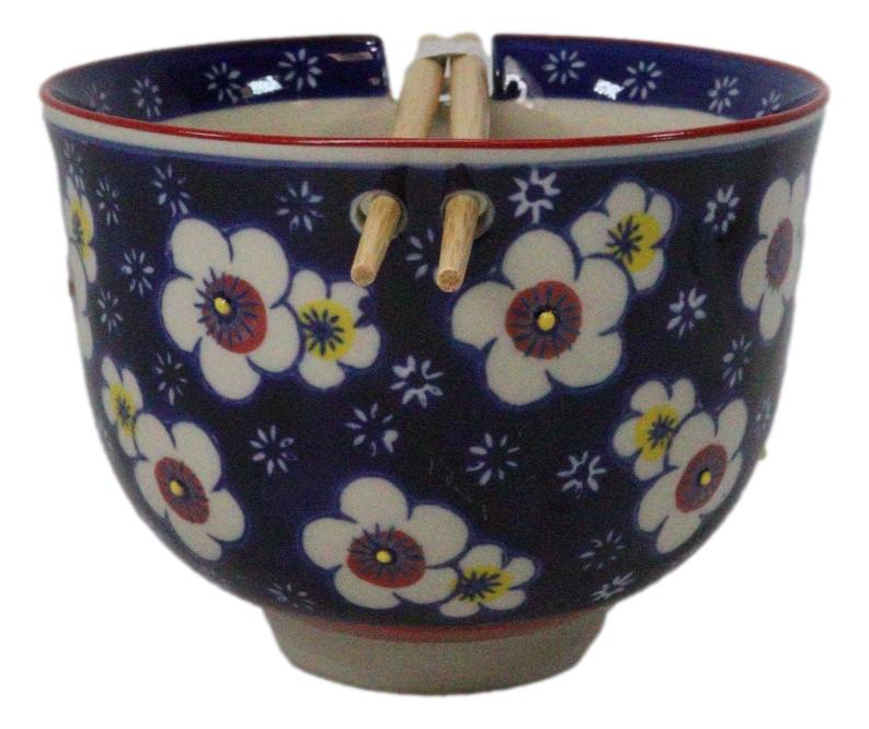 Blue Ume Plum Blossoms Ceramic Donburi Ramen Soup Red Bowl With Chopsticks Set