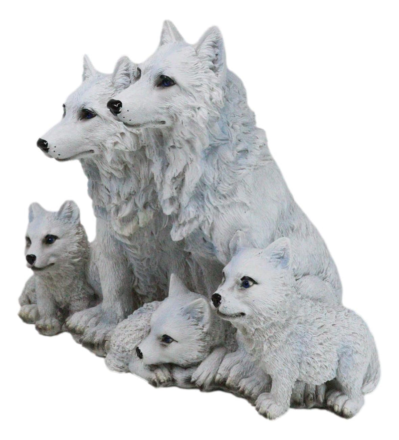 Winter Snow White Wolf Mother And Father Sitting With 3 Cubs Family Figurine