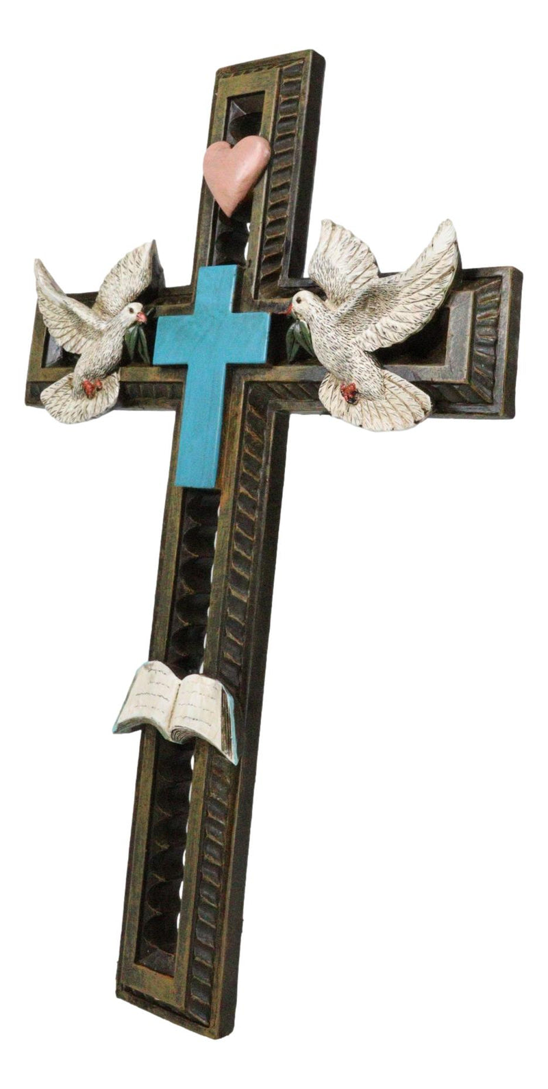 Rustic Turquoise Blue With Holy Bible White Doves Heart Faux Wooden Wall Cross