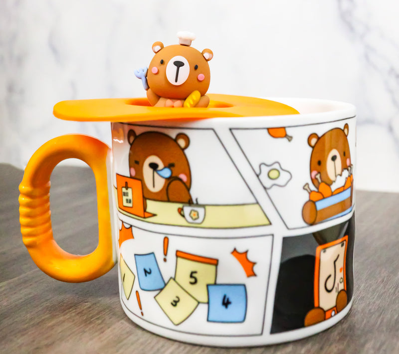 Whimsical Brown Bear Cub With Leave Diary Cartoon Ceramic Mug With Silicone Lid