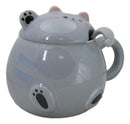 Whimsical Grey Chubby Feline Kitty Cat Cup Mug With Lid And Stirring Spoon