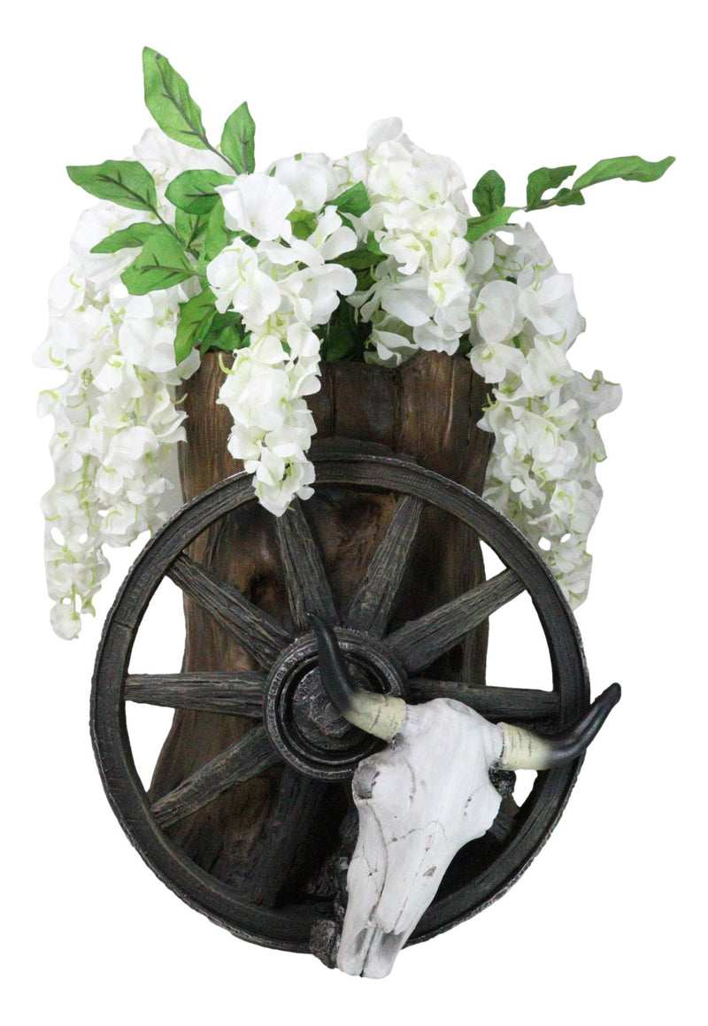 Rustic Western Cow Skull Wagon Wheel By Tree Trunk Decorative Planter Or Vase