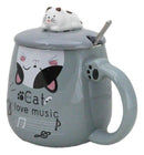 Grey Calico Cat Love Music Coffee Mug Cup With Spoon And Kitten Knob Lid 15oz