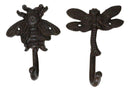 Cast Iron Rustic Bee Ladybug Butterfly and Dragonfly Bugs Wall Hooks Set Of 4