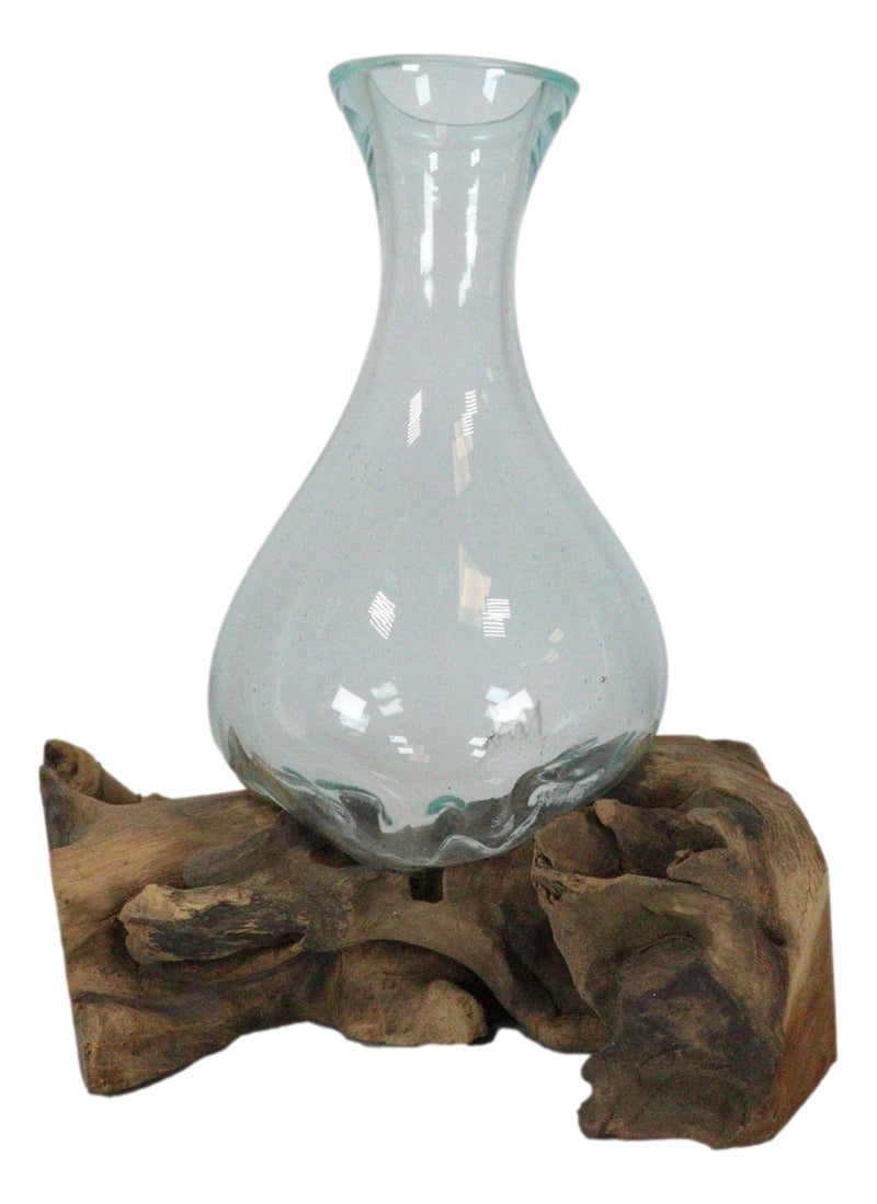 Balinese Natural Driftwood With Fitted Hand Blown Molten Glass Floral Vase