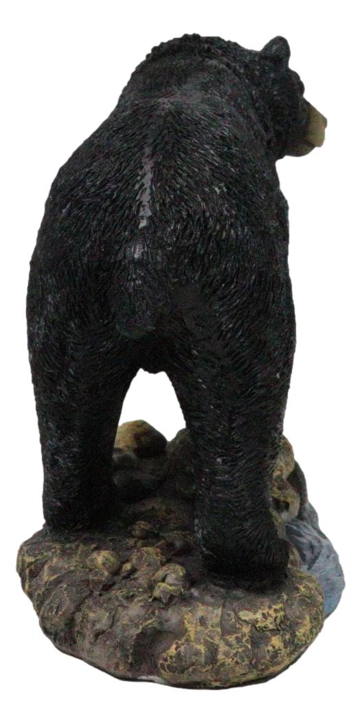 Rustic Wildlife Forest Black Bear Fishing By Rocky River Bank Figurine Decor