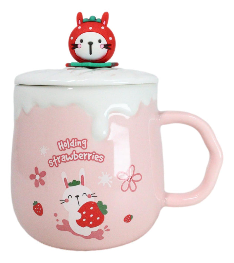 Whimsical Bunny Rabbit Hiding Strawberries Ceramic Mug Cup With Lid And Spoon