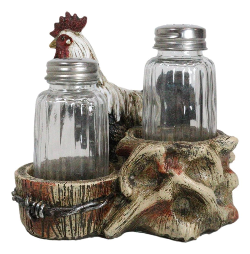 Country Rustic Farm White Breasted Chicken Rooster Salt Pepper Shakers Holder