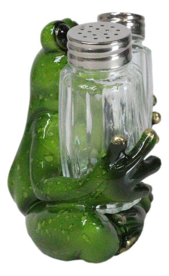 Green Tree Frog Toad Meditating Glass Salt Pepper Shakers Holder Figurine Set