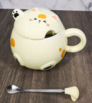 Whimsical Yellow Chubby Feline Kitty Cat Cup Mug With Lid And Stirring Spoon