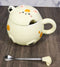 Whimsical Yellow Chubby Feline Kitty Cat Cup Mug With Lid And Stirring Spoon