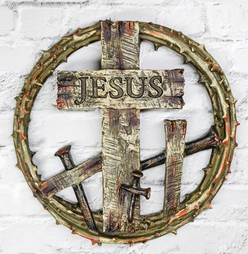 Jesus Cross With Nails And Crown Of Thorns Faux Wood Finish Wall Circle Plaque