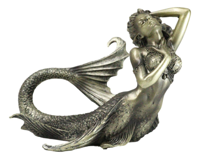 Nautical Aged Bronze Resin Seductive Mermaid Siren With Fishnets Figurine 7"L