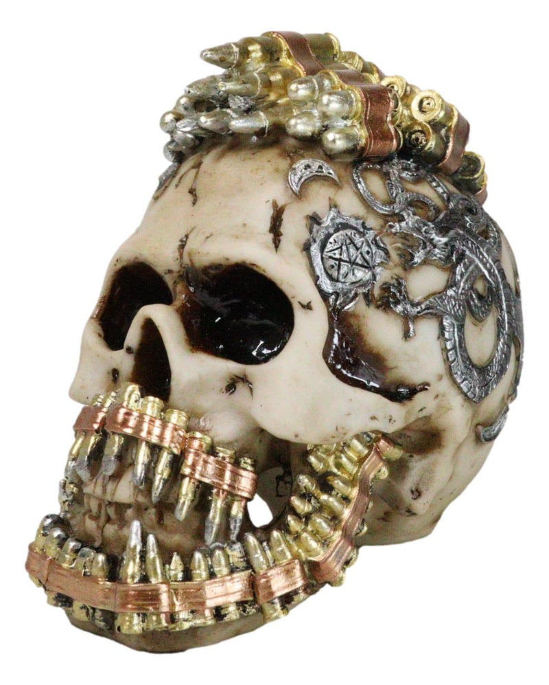 Military War Steampunk Skull With Rifle Bullets Mohawk And Dragon Figurine