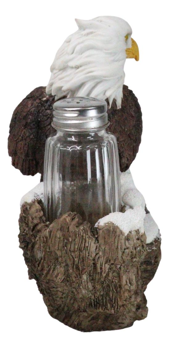 American Bald Eagle On Snowy Tree Branch Rock Cliff Salt Pepper Shakers Holder