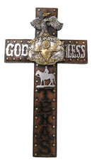 Western God Bless Texas Longhorn Cow Concho Eagle Cowboy On Horse Wall Cross