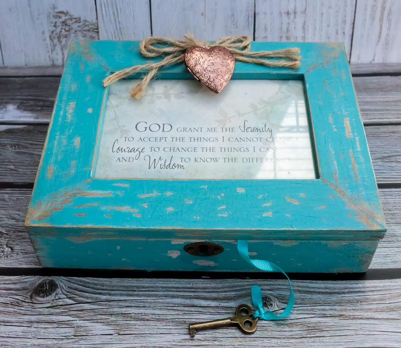 God Grant Me Serenity Courage Wisdom Locket Heart Teal Wood Musical Trinket Box