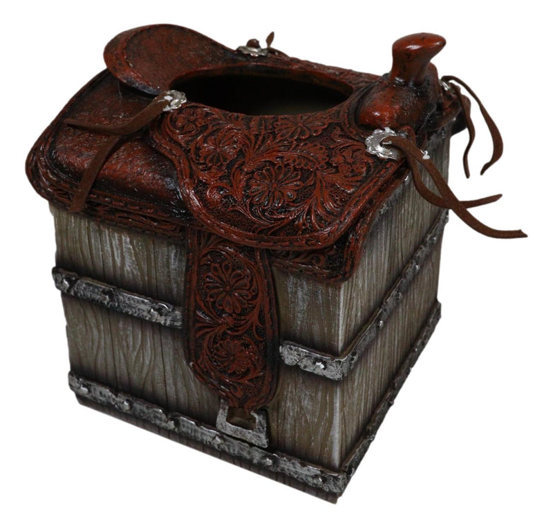 Rustic Western Faux Leather Cowboy Horse Saddle On Crate Tissue Box Holder Cover