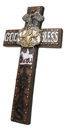 Western God Bless Texas Longhorn Cow Concho Eagle Cowboy On Horse Wall Cross