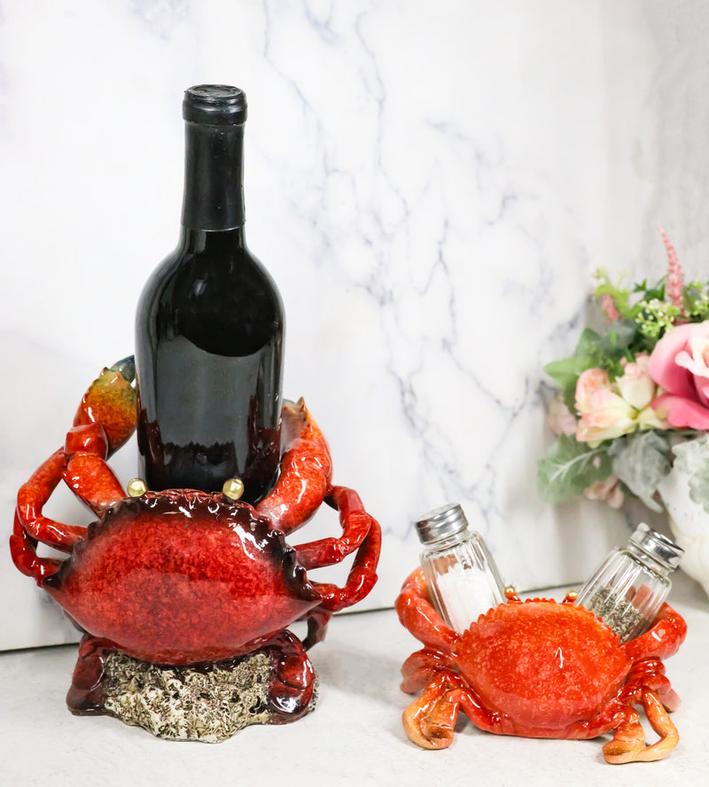 Set Of 2 Ocean Marine Stone Crab Wine Bottle And Salt Pepper Shakers Holders