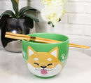 Green Japanese Shiba Inu Dog Ceramic Donburi Ramen Soup Bowl With Chopsticks Set