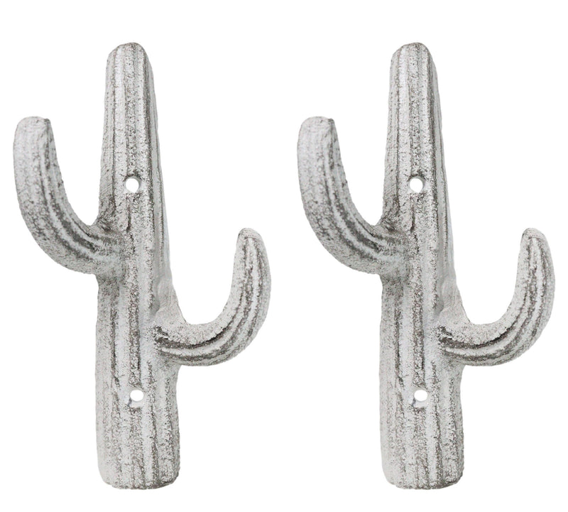 Pack of 2 Rustic Western Off White Metal Desert Saguaro Cactus 2-Pegs Wall Hooks