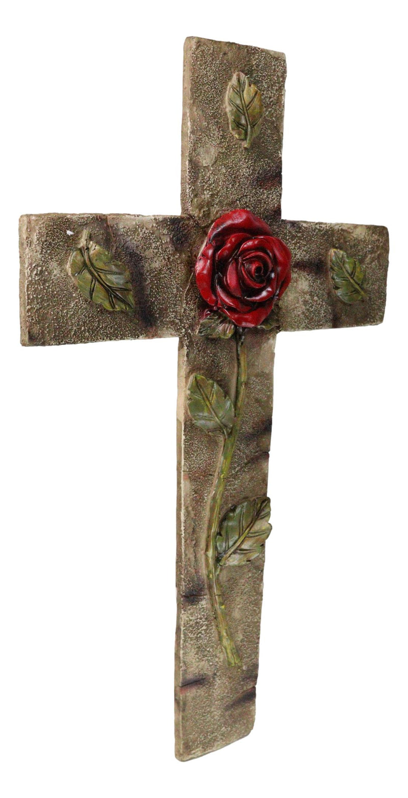 Rustic Western Rose of Sharon Red Rose Stalk With Green Petals Wall Cross Decor