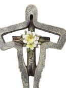 Jesus Christ The Redeemer With White Flower Faux Wooden Layered Wall Cross