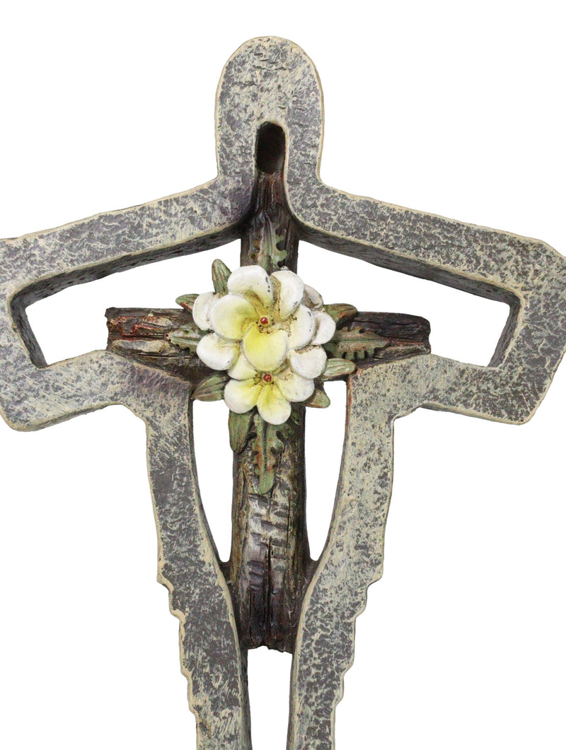 Jesus Christ The Redeemer With White Flower Faux Wooden Layered Wall Cross